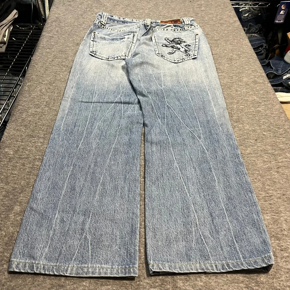 Fusai Mens Baggy Bootcut Jeans Light Wash Embroidered Lion Y2K Skater 29x30